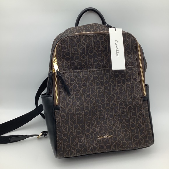 Calvin Klein Backpack Purse Brown Monogram CK Gold Logo Accents Womens Bag NWT - Picture 1 of 10